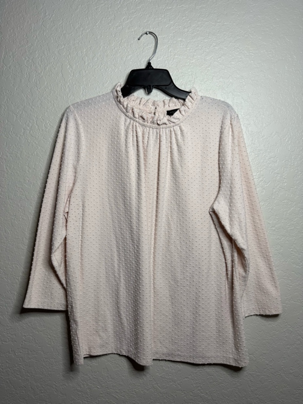 Ann Taylor Pale Pink Ruffle Neck Textured Long Sleeve Top